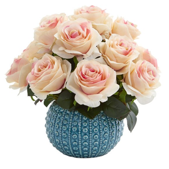 11.5 Rose Artificial Arrangement in Blue Ceramic Vase - SKU #1542-WH - 5